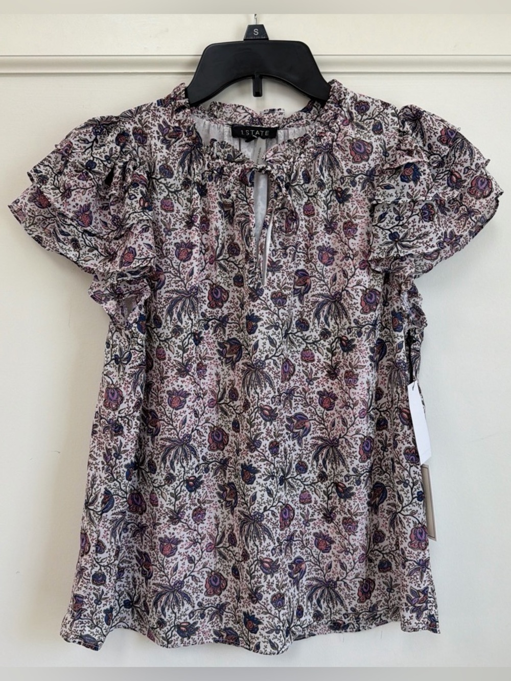 1.STATE Purple Floral Chiffon Ruffle Flutter Sleeve Tie Neck Blouse S NWT